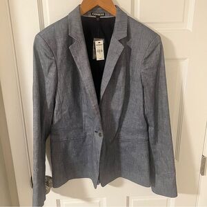 NEW Express Women's Chambray Single Button Linen Blend Blazer Blue-Grey size 12
